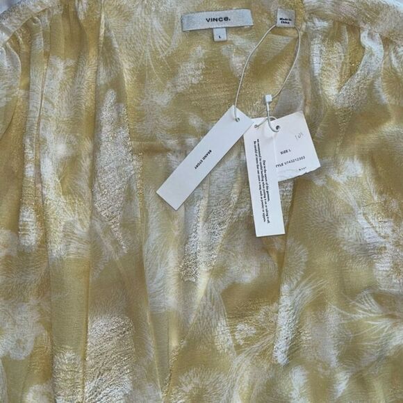Vince Wheat Pastel Yellow Floral Print Jacquard Long Sleeve Blouse Size L NWT - Picture 3 of 8